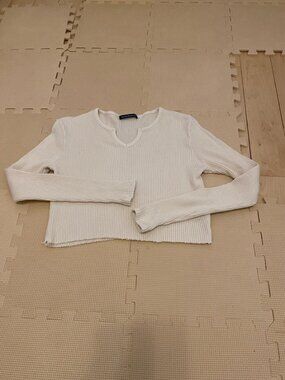 Brandy Melville Cream Ribbed Cropped Long Sleeve Top OS